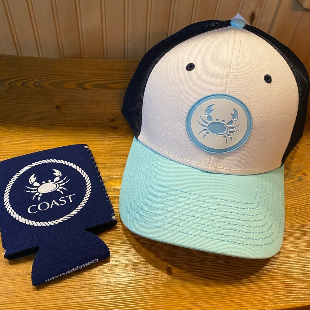 Coast Apparel Unisex Navy And Aqua Crab Trucker Hat/Cap And Koozie NWT